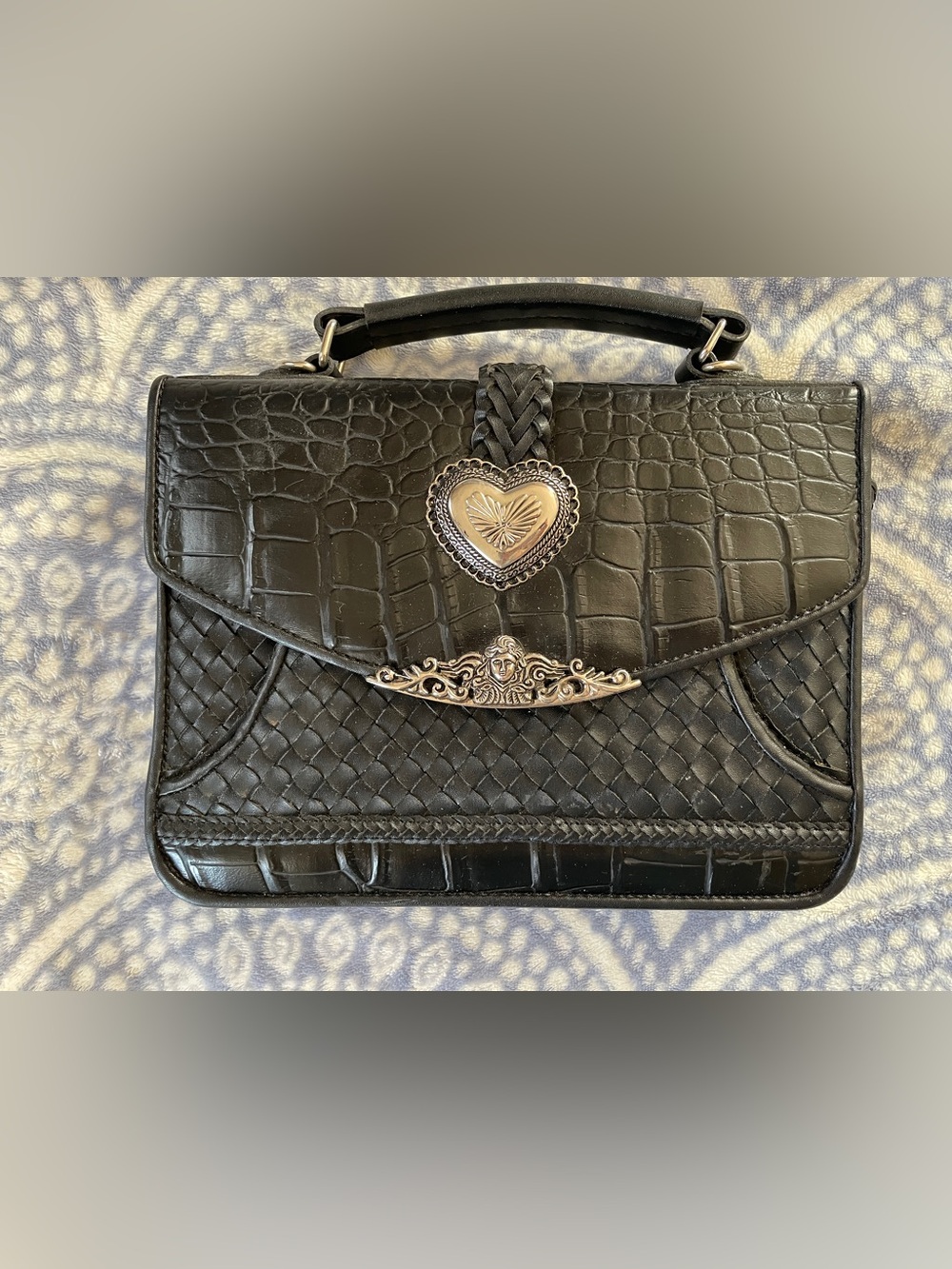 Black Woven & Croc-Embossed Satchel with Heart Medallion
